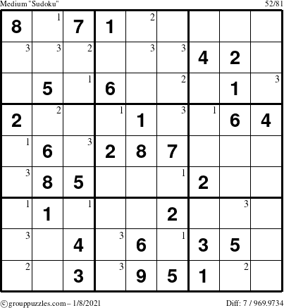 The grouppuzzles.com Medium Sudoku puzzle for Friday January 8, 2021 with the first 3 steps marked