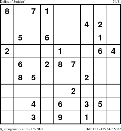 The grouppuzzles.com Difficult Sudoku puzzle for Friday January 8, 2021