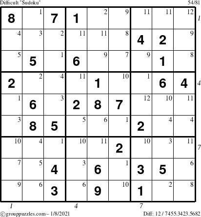 The grouppuzzles.com Difficult Sudoku puzzle for Friday January 8, 2021 with all 12 steps marked