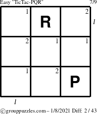 The grouppuzzles.com Easy TicTac-PQR puzzle for Friday January 8, 2021 with all 2 steps marked