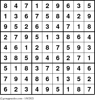 The grouppuzzles.com Answer grid for the Sudoku puzzle for Friday January 8, 2021