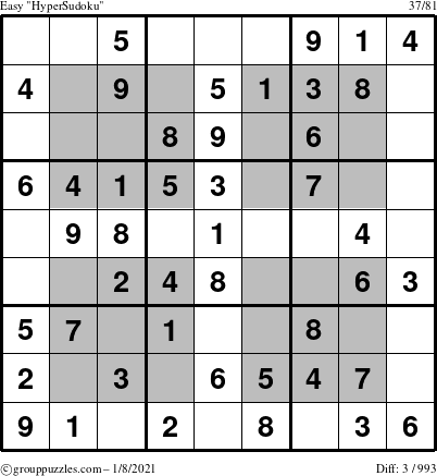 The grouppuzzles.com Easy HyperSudoku puzzle for Friday January 8, 2021