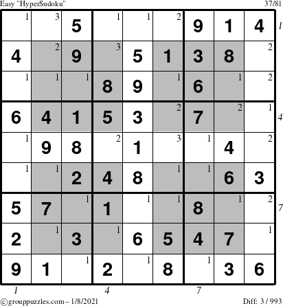 The grouppuzzles.com Easy HyperSudoku puzzle for Friday January 8, 2021 with all 3 steps marked