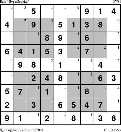 The grouppuzzles.com Easy HyperSudoku puzzle for Friday January 8, 2021 with the first 3 steps marked