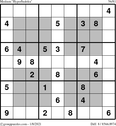 The grouppuzzles.com Medium HyperSudoku puzzle for Friday January 8, 2021