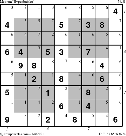 The grouppuzzles.com Medium HyperSudoku puzzle for Friday January 8, 2021, suitable for printing, with all 8 steps marked