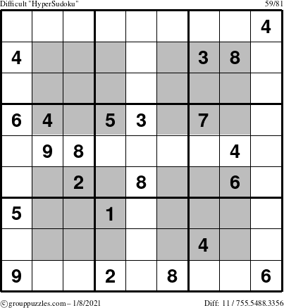 The grouppuzzles.com Difficult HyperSudoku puzzle for Friday January 8, 2021