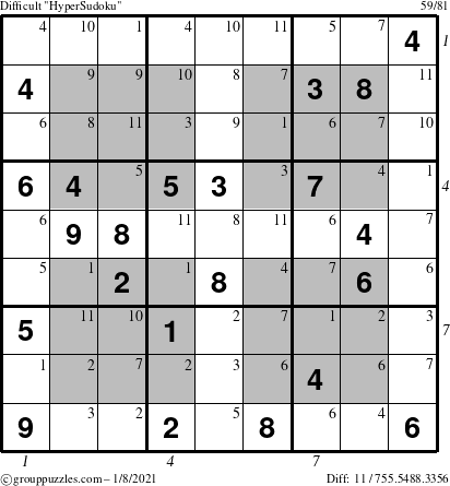 The grouppuzzles.com Difficult HyperSudoku puzzle for Friday January 8, 2021 with all 11 steps marked