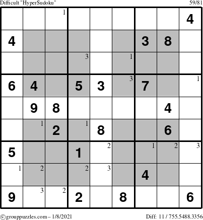 The grouppuzzles.com Difficult HyperSudoku puzzle for Friday January 8, 2021 with the first 3 steps marked