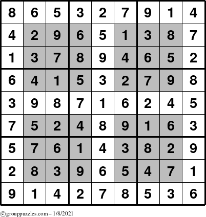 The grouppuzzles.com Answer grid for the HyperSudoku puzzle for Friday January 8, 2021