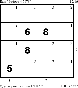 The grouppuzzles.com Easy Sudoku-4-5678 puzzle for Monday January 11, 2021, suitable for printing, with all 3 steps marked