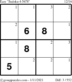 The grouppuzzles.com Easy Sudoku-4-5678 puzzle for Monday January 11, 2021 with the first 3 steps marked