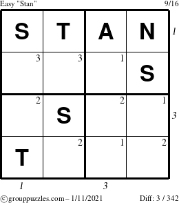 The grouppuzzles.com Easy Stan puzzle for Monday January 11, 2021 with all 3 steps marked