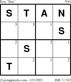 The grouppuzzles.com Easy Stan puzzle for Monday January 11, 2021 with the first 3 steps marked