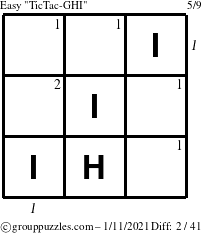 The grouppuzzles.com Easy TicTac-GHI puzzle for Monday January 11, 2021 with all 2 steps marked