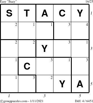 The grouppuzzles.com Easy Stacy puzzle for Monday January 11, 2021 with all 4 steps marked