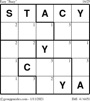 The grouppuzzles.com Easy Stacy puzzle for Monday January 11, 2021 with the first 3 steps marked