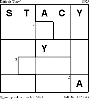 The grouppuzzles.com Difficult Stacy puzzle for Monday January 11, 2021 with the first 3 steps marked