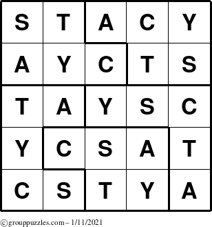 The grouppuzzles.com Answer grid for the Stacy puzzle for Monday January 11, 2021