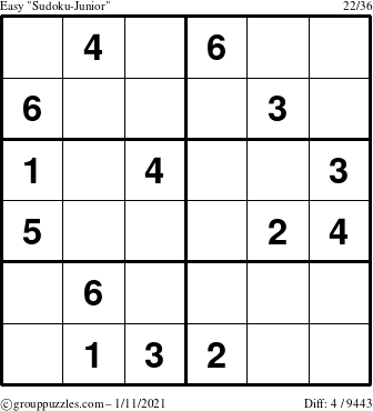 The grouppuzzles.com Easy Sudoku-Junior puzzle for Monday January 11, 2021