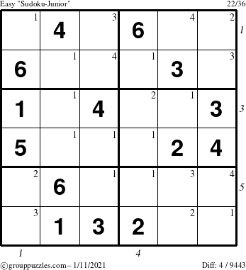 The grouppuzzles.com Easy Sudoku-Junior puzzle for Monday January 11, 2021, suitable for printing, with all 4 steps marked