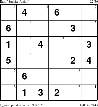 The grouppuzzles.com Easy Sudoku-Junior puzzle for Monday January 11, 2021 with the first 3 steps marked