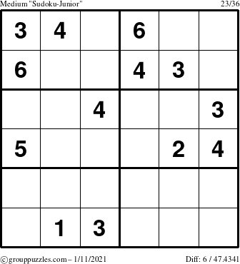 The grouppuzzles.com Medium Sudoku-Junior puzzle for Monday January 11, 2021