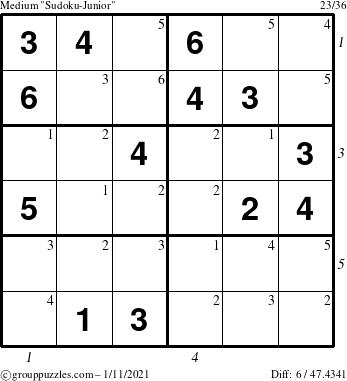 The grouppuzzles.com Medium Sudoku-Junior puzzle for Monday January 11, 2021 with all 6 steps marked