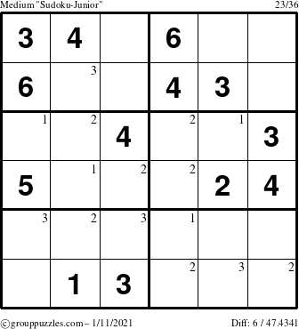 The grouppuzzles.com Medium Sudoku-Junior puzzle for Monday January 11, 2021 with the first 3 steps marked