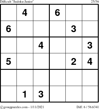 The grouppuzzles.com Difficult Sudoku-Junior puzzle for Monday January 11, 2021