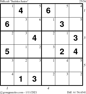 The grouppuzzles.com Difficult Sudoku-Junior puzzle for Monday January 11, 2021 with all 6 steps marked