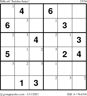 The grouppuzzles.com Difficult Sudoku-Junior puzzle for Monday January 11, 2021 with the first 3 steps marked