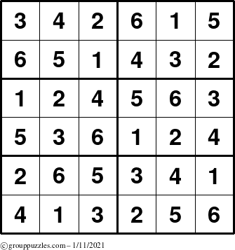 The grouppuzzles.com Answer grid for the Sudoku-Junior puzzle for Monday January 11, 2021