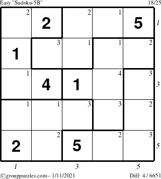 The grouppuzzles.com Easy Sudoku-5B puzzle for Monday January 11, 2021 with all 4 steps marked