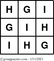 The grouppuzzles.com Answer grid for the TicTac-GHI puzzle for Monday January 11, 2021