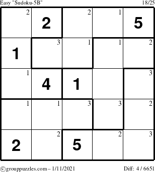 The grouppuzzles.com Easy Sudoku-5B puzzle for Monday January 11, 2021 with the first 3 steps marked