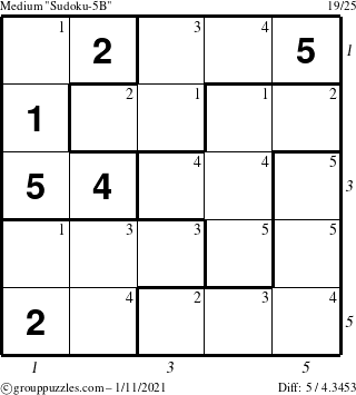 The grouppuzzles.com Medium Sudoku-5B puzzle for Monday January 11, 2021 with all 5 steps marked