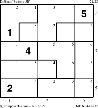 The grouppuzzles.com Difficult Sudoku-5B puzzle for Monday January 11, 2021 with all 6 steps marked