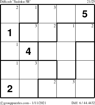 The grouppuzzles.com Difficult Sudoku-5B puzzle for Monday January 11, 2021 with the first 3 steps marked