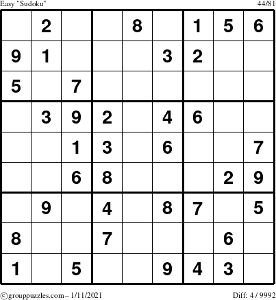 The grouppuzzles.com Easy Sudoku puzzle for Monday January 11, 2021