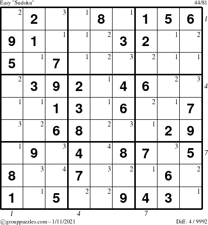 The grouppuzzles.com Easy Sudoku puzzle for Monday January 11, 2021 with all 4 steps marked