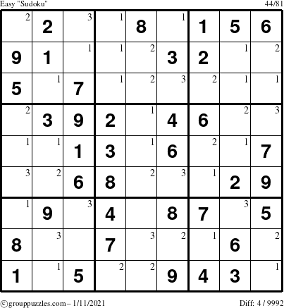 The grouppuzzles.com Easy Sudoku puzzle for Monday January 11, 2021 with the first 3 steps marked