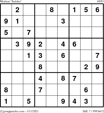 The grouppuzzles.com Medium Sudoku puzzle for Monday January 11, 2021