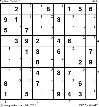 The grouppuzzles.com Medium Sudoku puzzle for Monday January 11, 2021 with all 7 steps marked