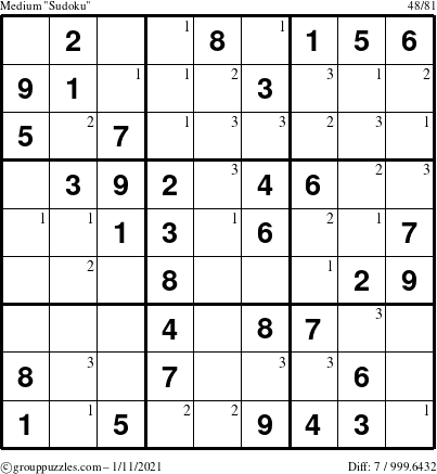 The grouppuzzles.com Medium Sudoku puzzle for Monday January 11, 2021 with the first 3 steps marked