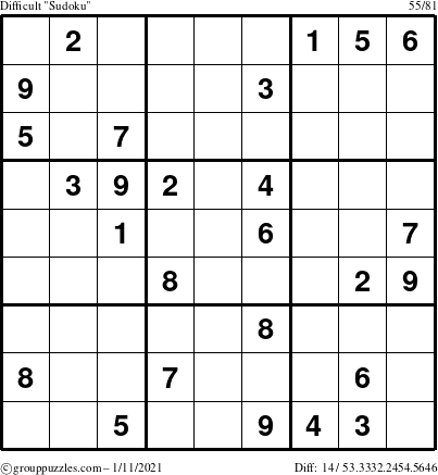 The grouppuzzles.com Difficult Sudoku puzzle for Monday January 11, 2021