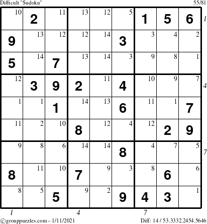 The grouppuzzles.com Difficult Sudoku puzzle for Monday January 11, 2021 with all 14 steps marked