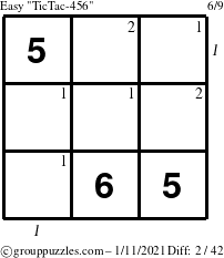 The grouppuzzles.com Easy TicTac-456 puzzle for Monday January 11, 2021 with all 2 steps marked