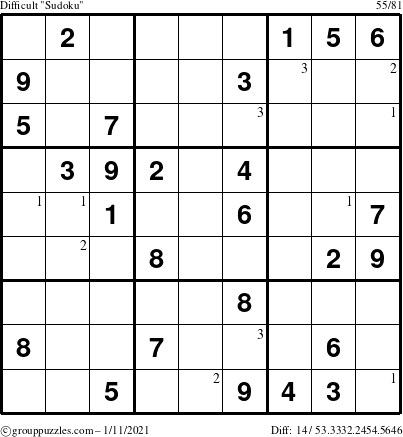 The grouppuzzles.com Difficult Sudoku puzzle for Monday January 11, 2021 with the first 3 steps marked