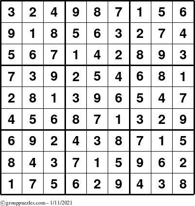 The grouppuzzles.com Answer grid for the Sudoku puzzle for Monday January 11, 2021